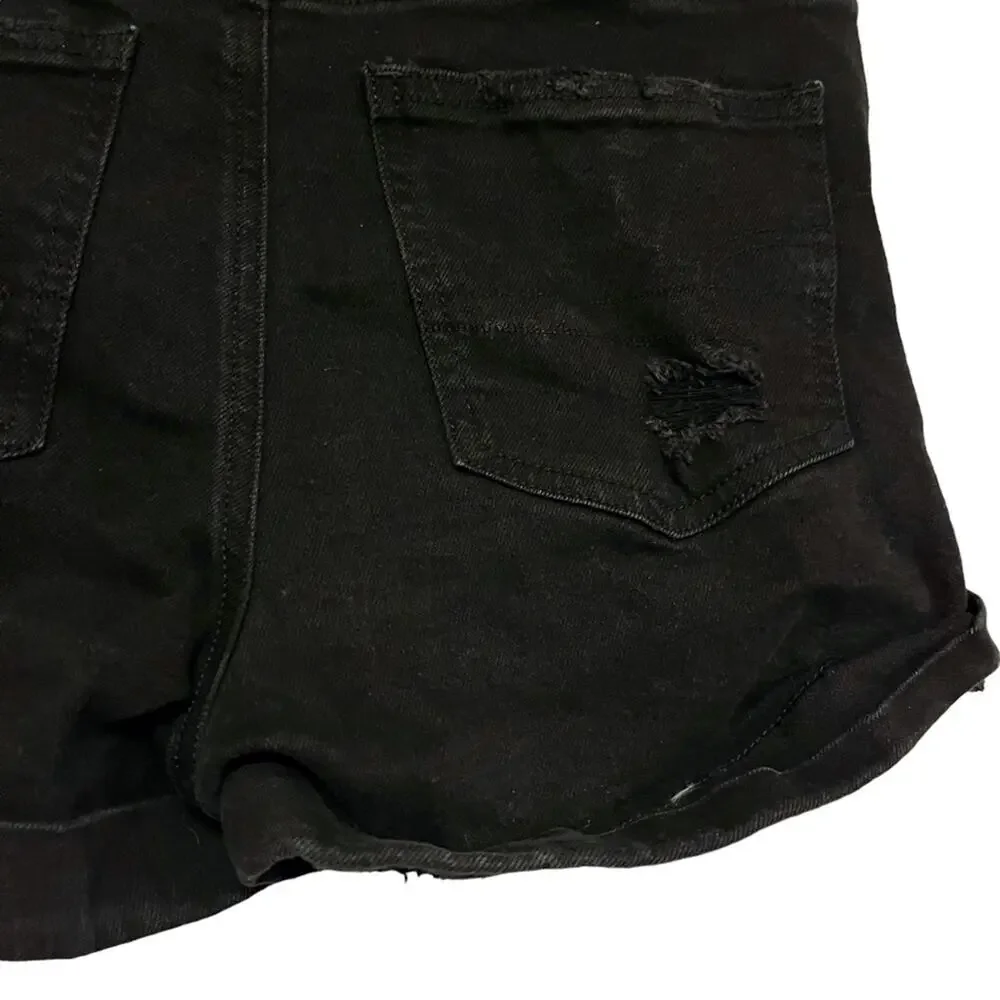 AMERICAN EAGLE MOM SHORTS Solid Black Zip Fly High Rise Roll Cuff Jeans Denim  4